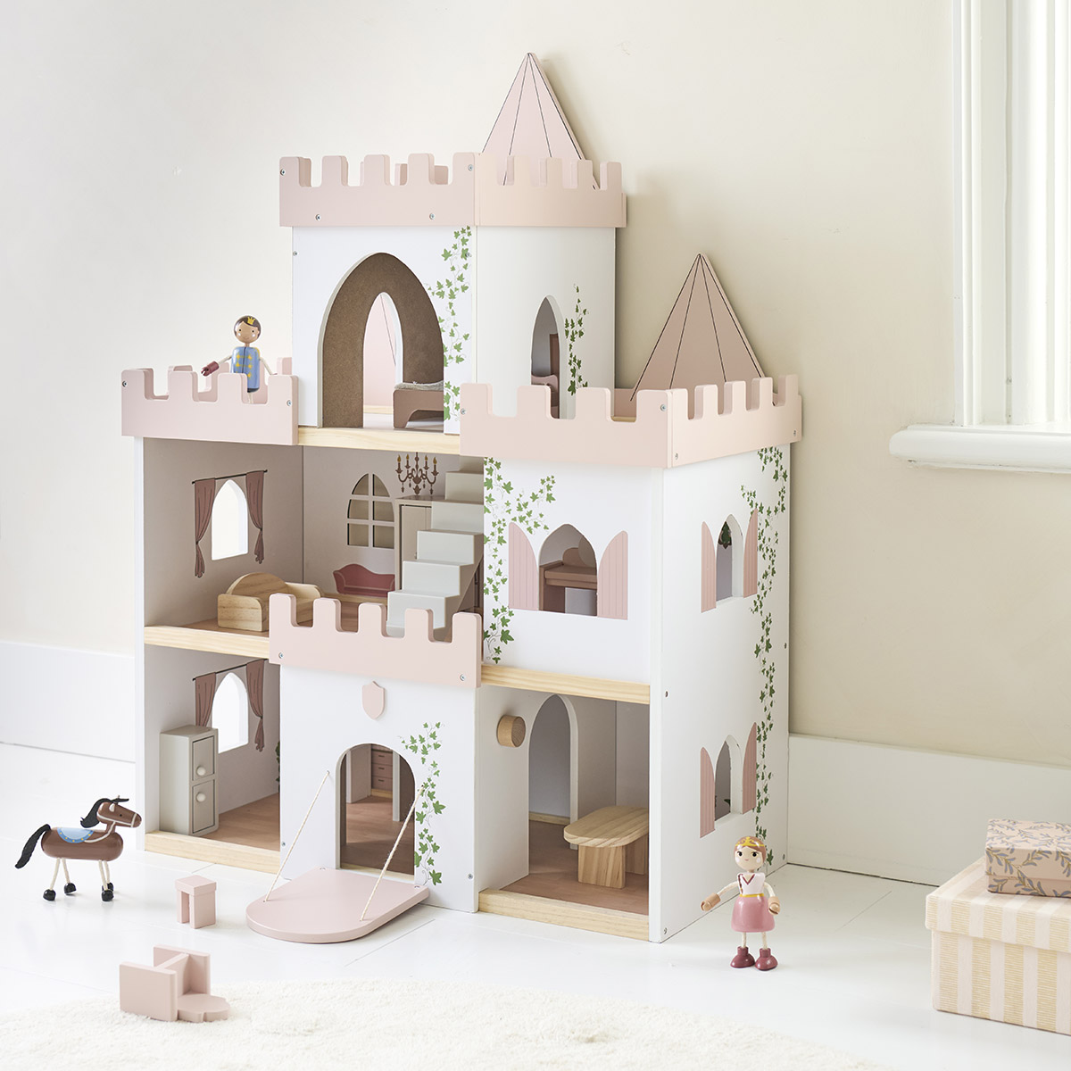 Maison de poupée château de princesse en bois | Figurines et 10 meubles incl. | Rose