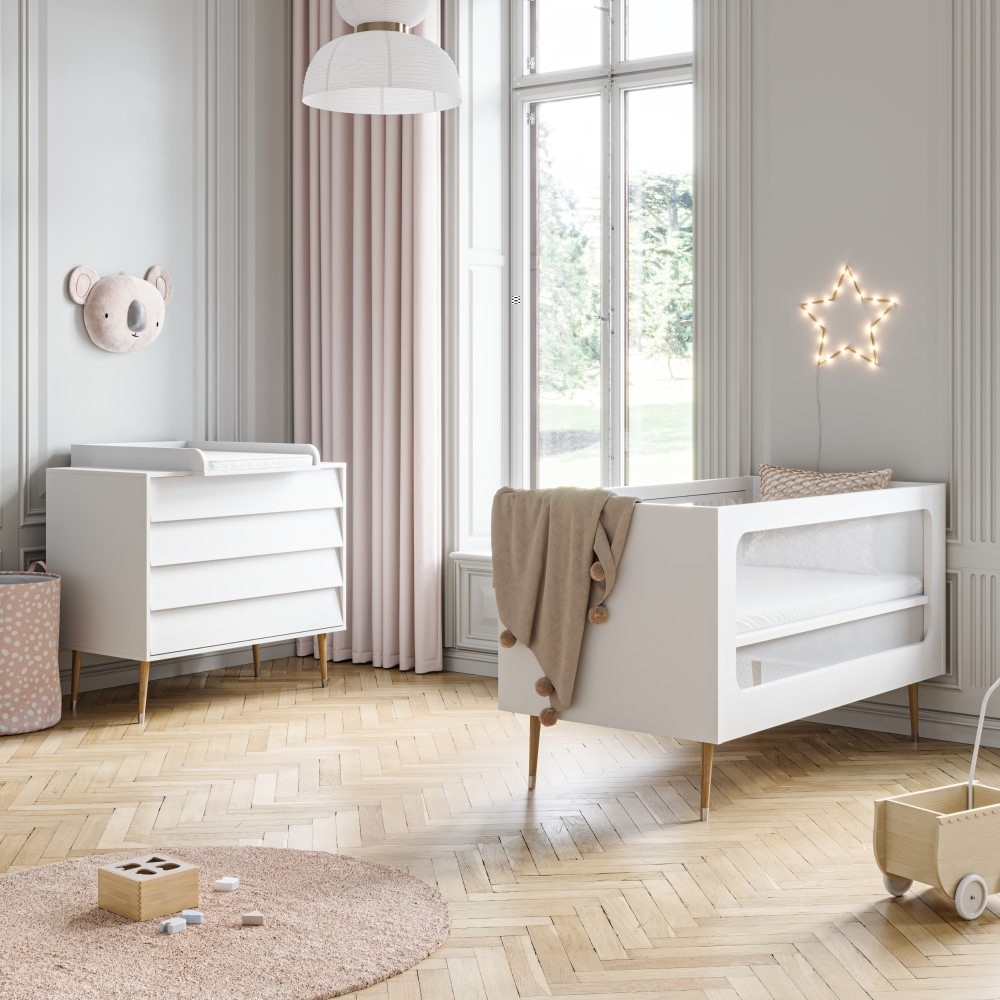 NURSERY FURNITURE «BOSQUE» 2-PIECE SET | COT BED + BABY DRESSER | WHITE