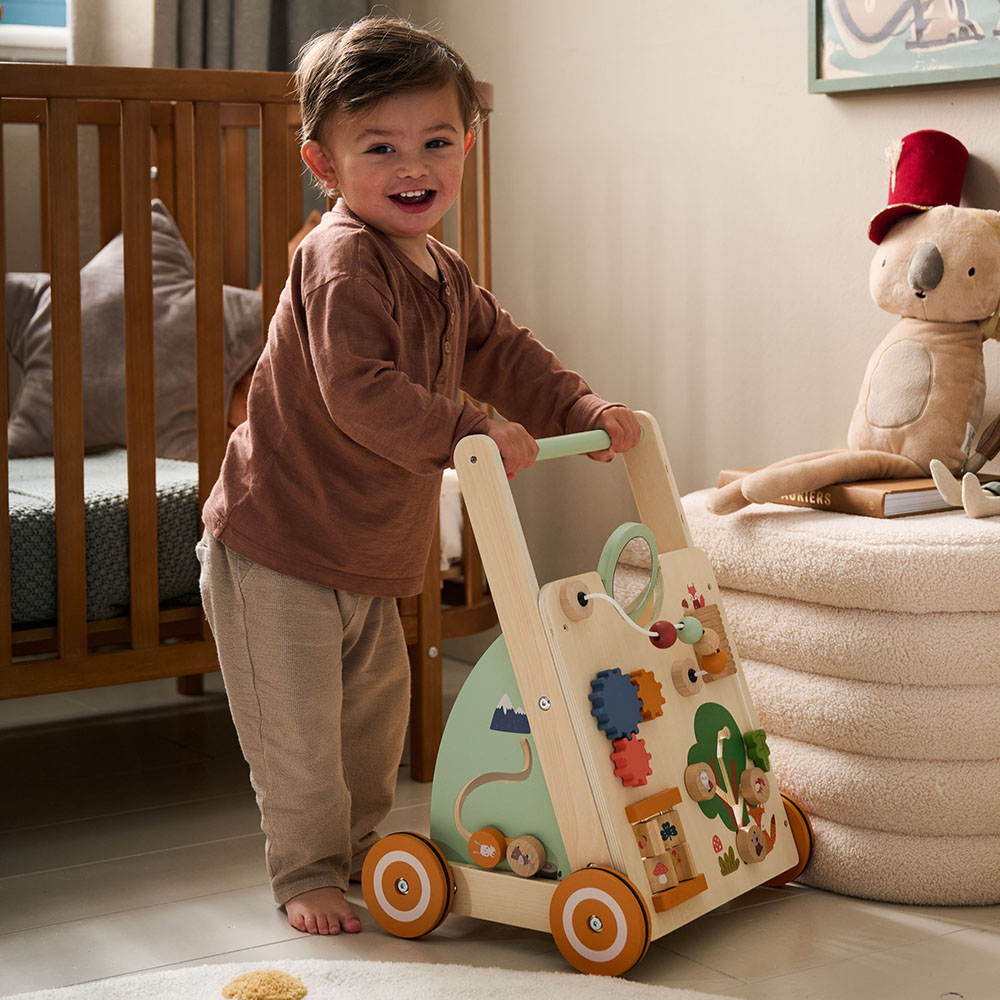 WOODEN BABY WALKER WITH ACTIVITY-BOARD «FORÊT» | MULTICOLOUR