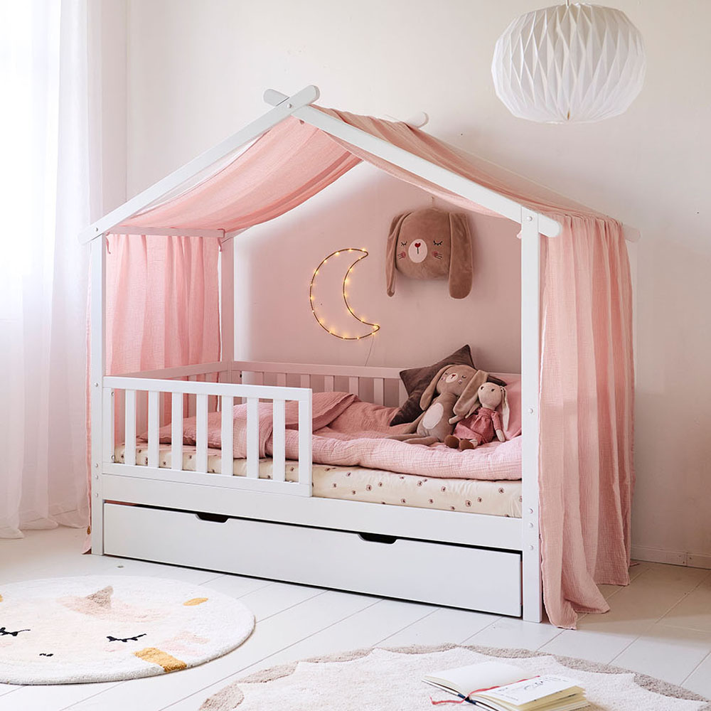 GORDIJN VOOR BEDHUISJE «MAISON» | 80 X 160 CM | MOUSSELINE KATOEN | ROZE
