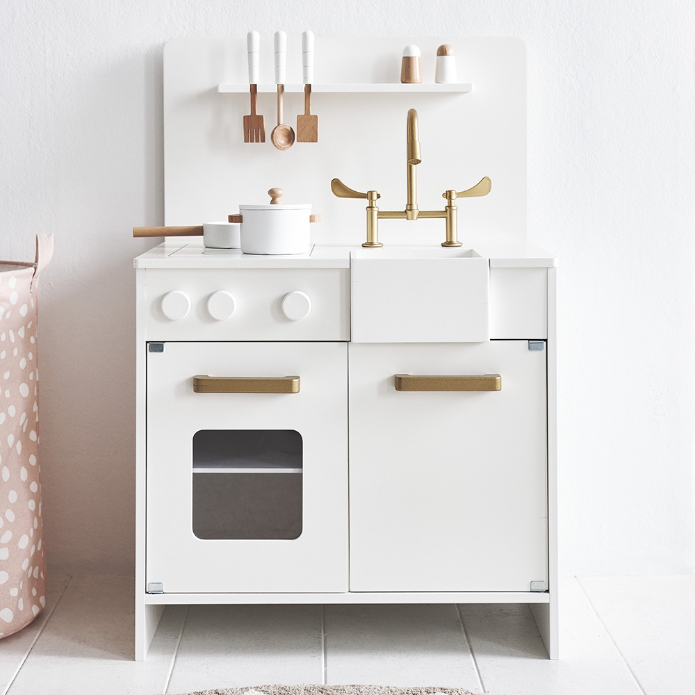 Wooden toddler play kitchen with 7 accessories, designed for ages 3+