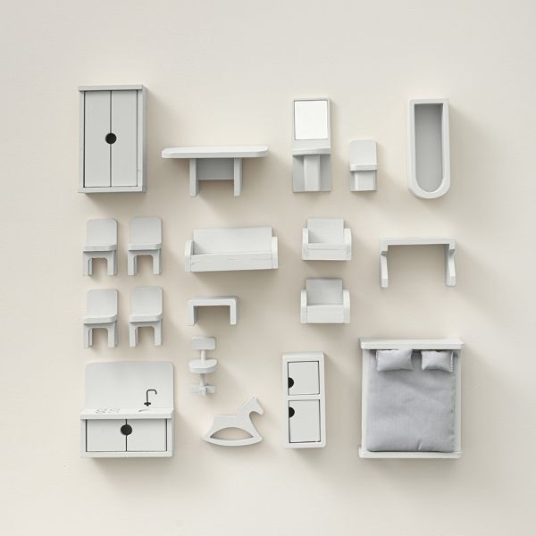 Houten poppenhuis meubels 19-delige set MINT GRIJS