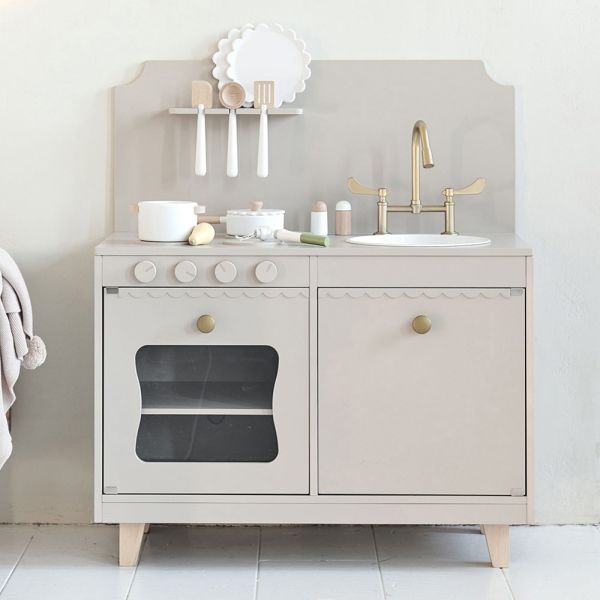 Houten speelkeuken «Sorbier» | Met 13-delige witte keukenset | Taupe