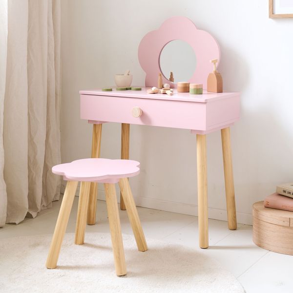 HOUTEN KAPTAFEL MET SPIEGEL EN STOEL «FLEUR» | ROZE