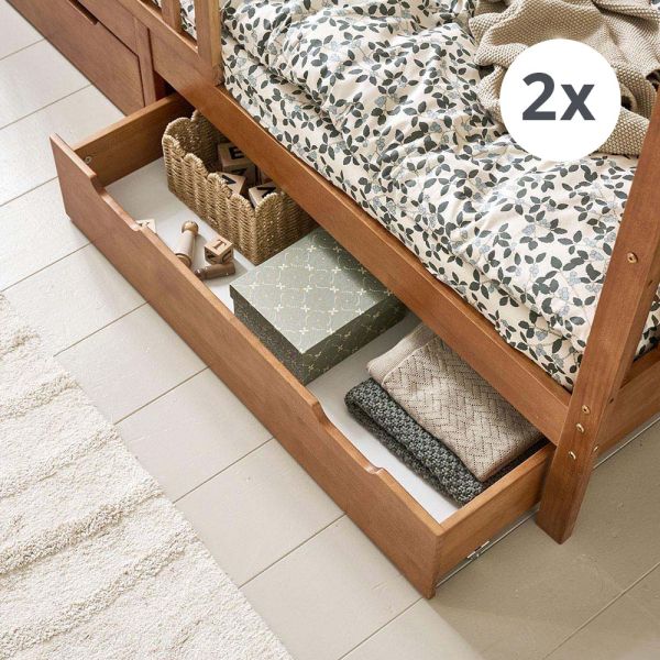 SET VAN 2 ONDERSCHUIFLADES VOOR BEDHUISJES EN KINDERBED «MILO» (90 X 200 CM) | WALNOOT