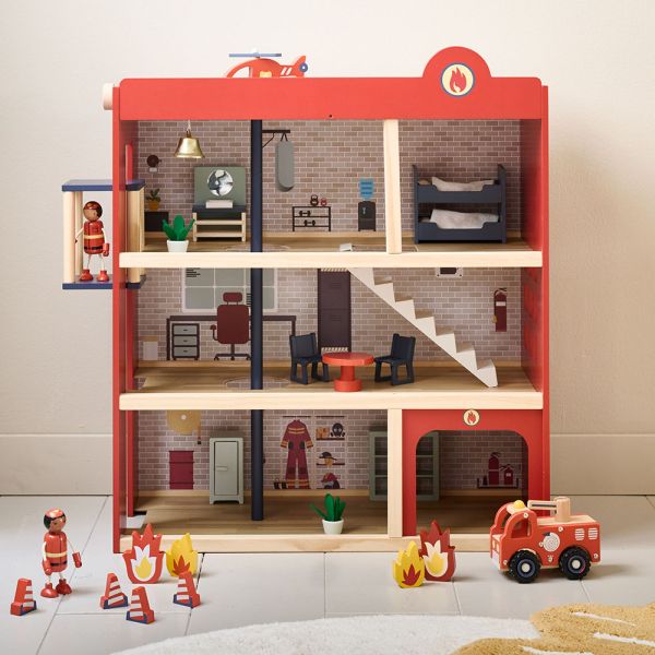 Houten brandweerkazerne «Pompier» | I incl. 19 accessoires | 70 cm | Rood