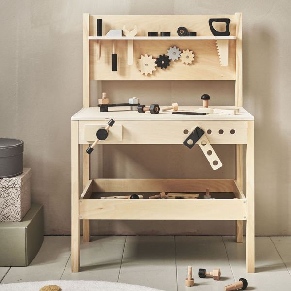 Speelgoed werkbank | Naturel hout & zwart incl. 41 delige gereedschapset