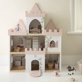 Houten poppenhuis prinsessenkasteel | Incl. poppen en 10-delige meubelset | Roze