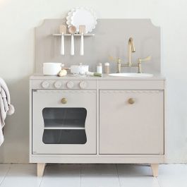 Houten speelkeuken «Sorbier» | Met 13-delige witte keukenset | Taupe