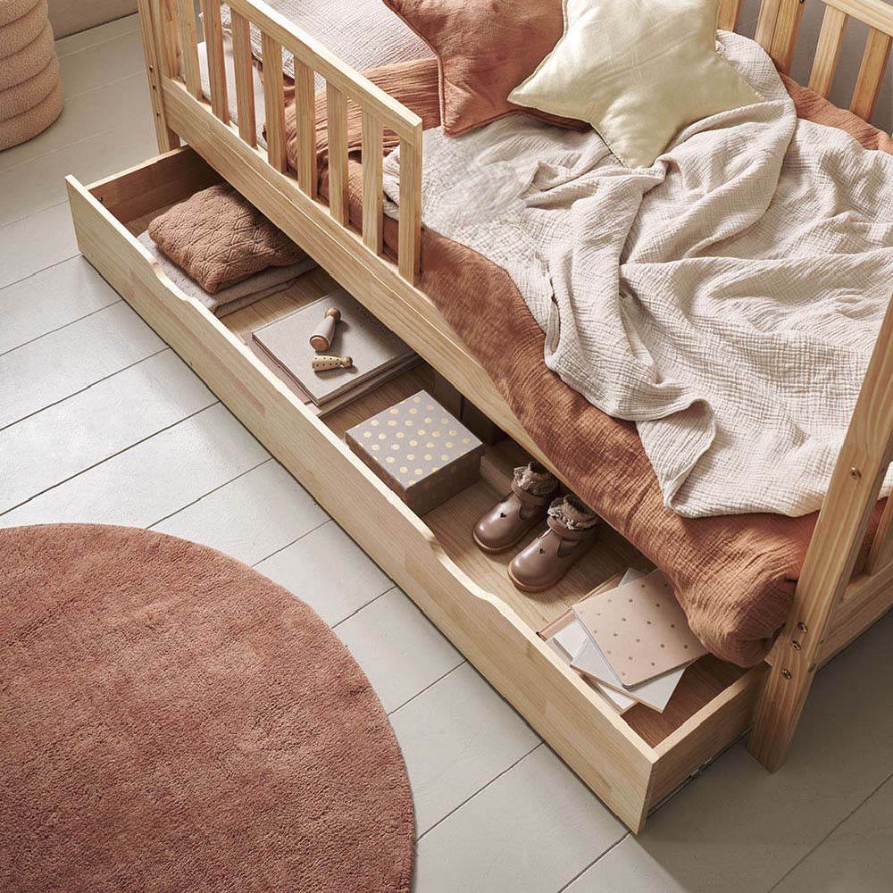 Under-bed storage drawer for reading nook house bed keeping books and supplies organized