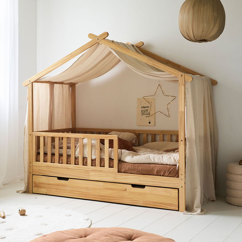Beige muslin cotton curtain for toddler house bed with secure ribbon fasteners