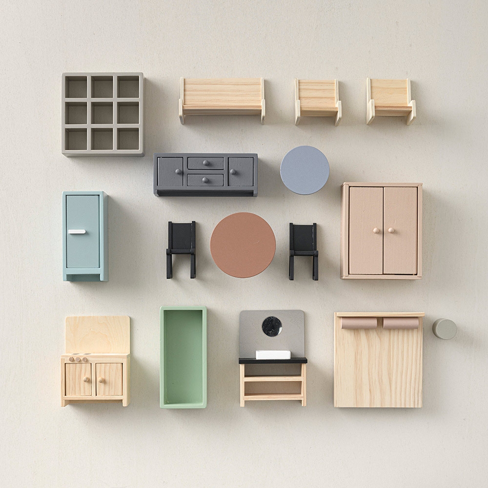 Retro houten poppenhuis meubels | 16-delige set