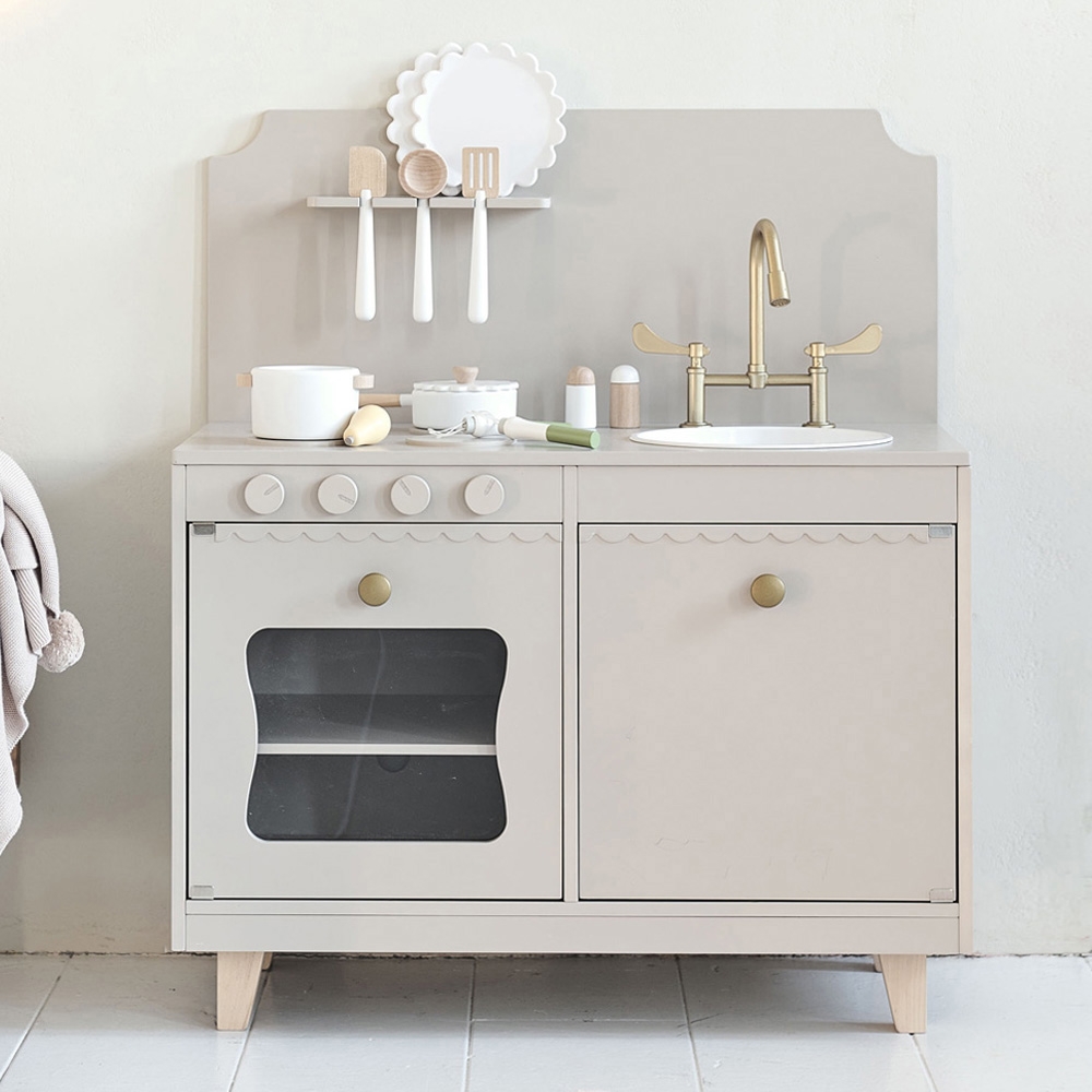 Houten speelkeuken | «Sorbier» | Taupe | Met 13-delige witte keukenset