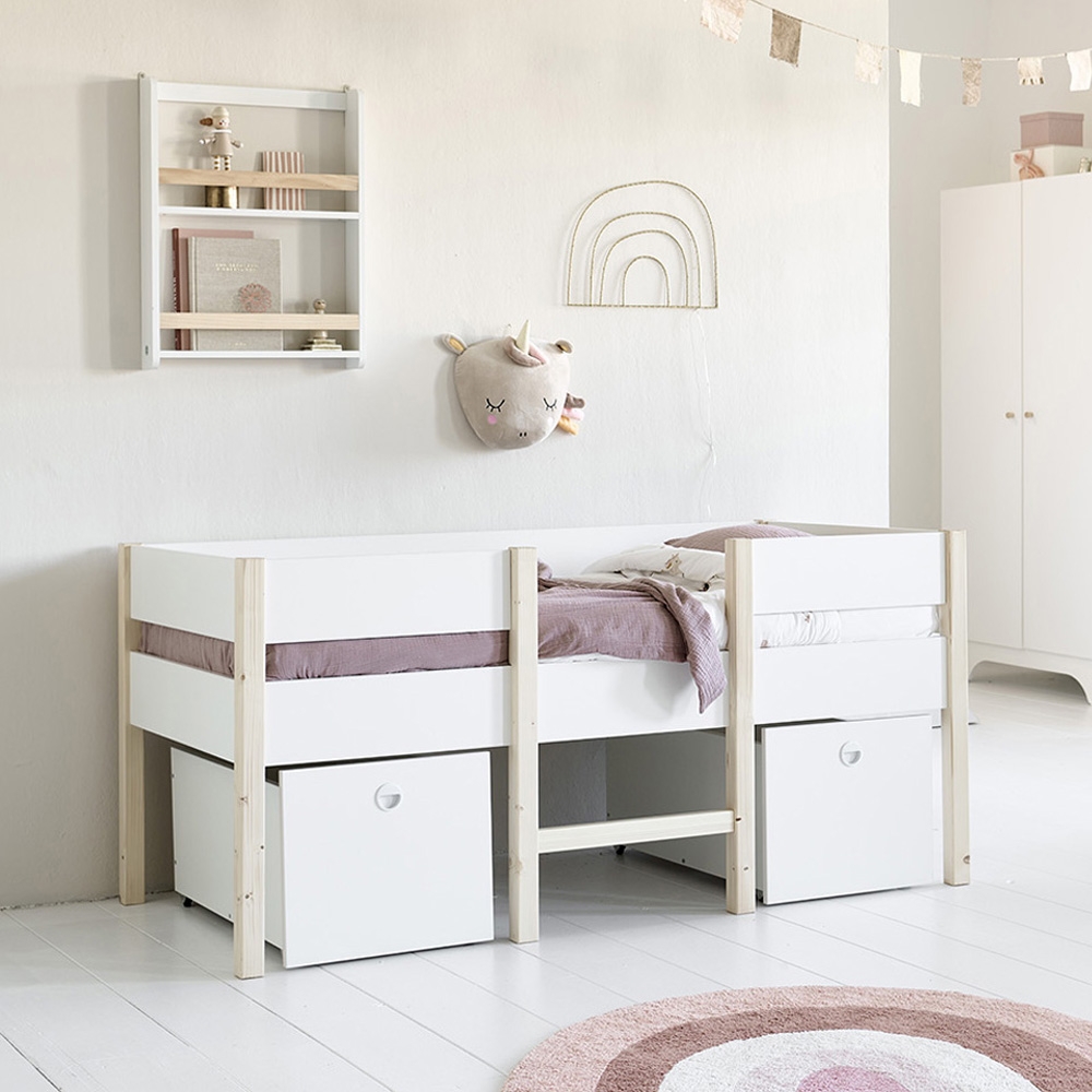 Juniorbed / Halfhoogslaper «Ciel» | Wit & hout 160x80