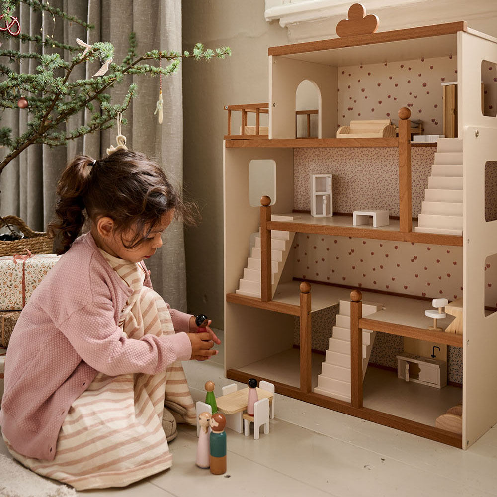 Large wooden dolls house «Fleur» | incl.. 17-piece accessories | 70 cm | Beige & Walnut