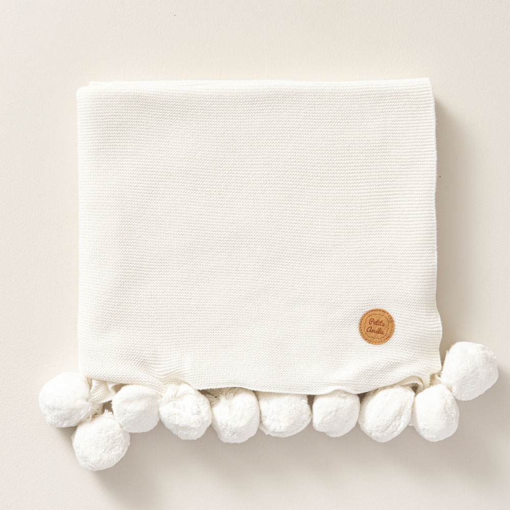 Ledikantdeken met pompons 100x150 cm uit bio-katoen | Ivoor wit 