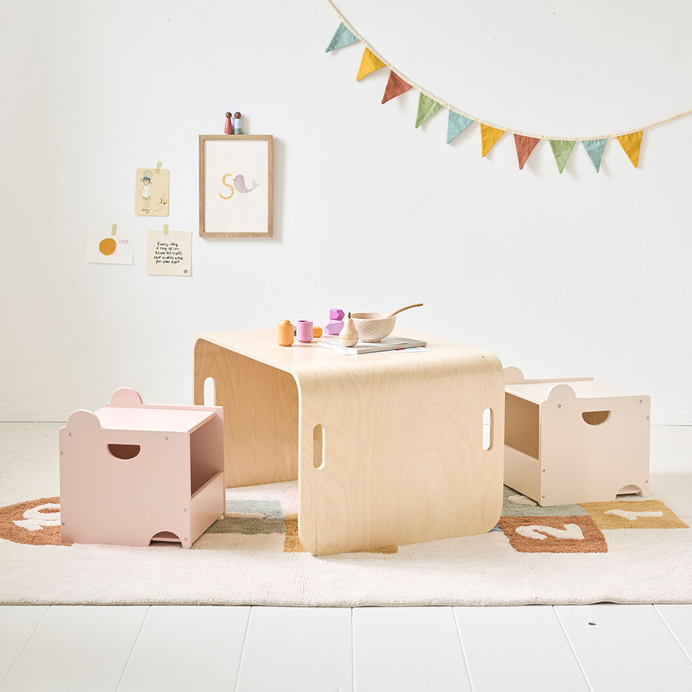 SET OF 2 WOODEN TOY STORAGE BOXES «ARC-EN-CIEL» | PINK AND LIGHT BEIGE