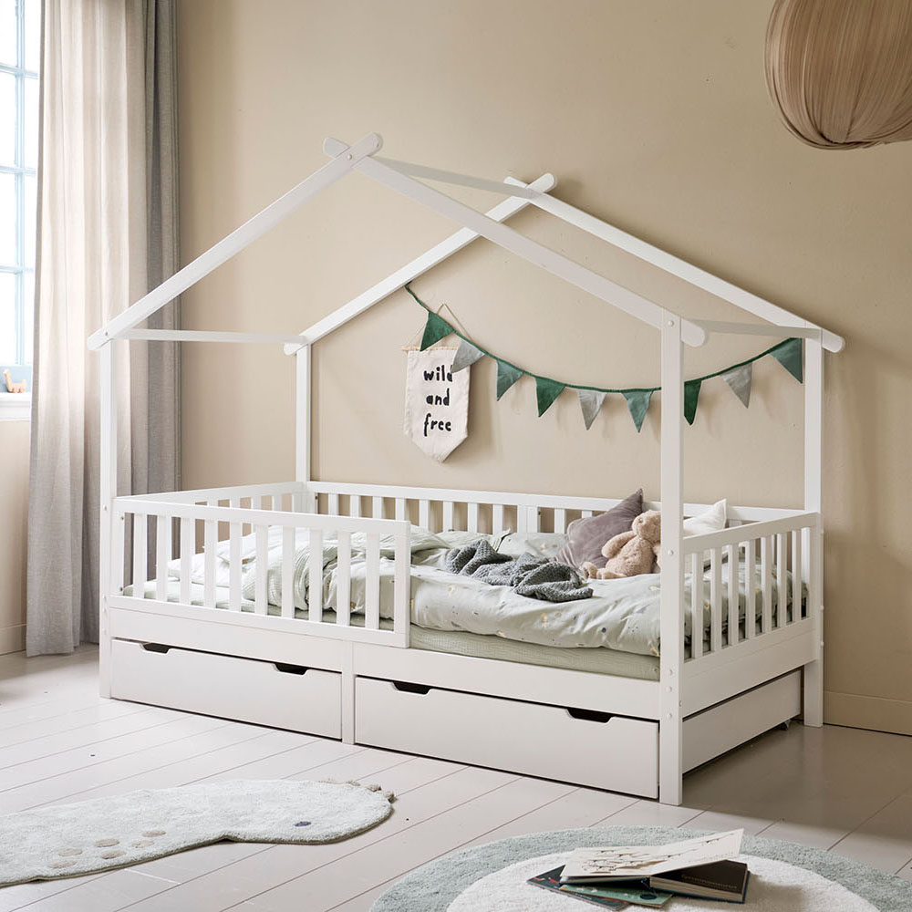 Lit cabane enfant «Maison» en blanc 90x200 cm, structure bois toit triangulaire pour chambre enfant