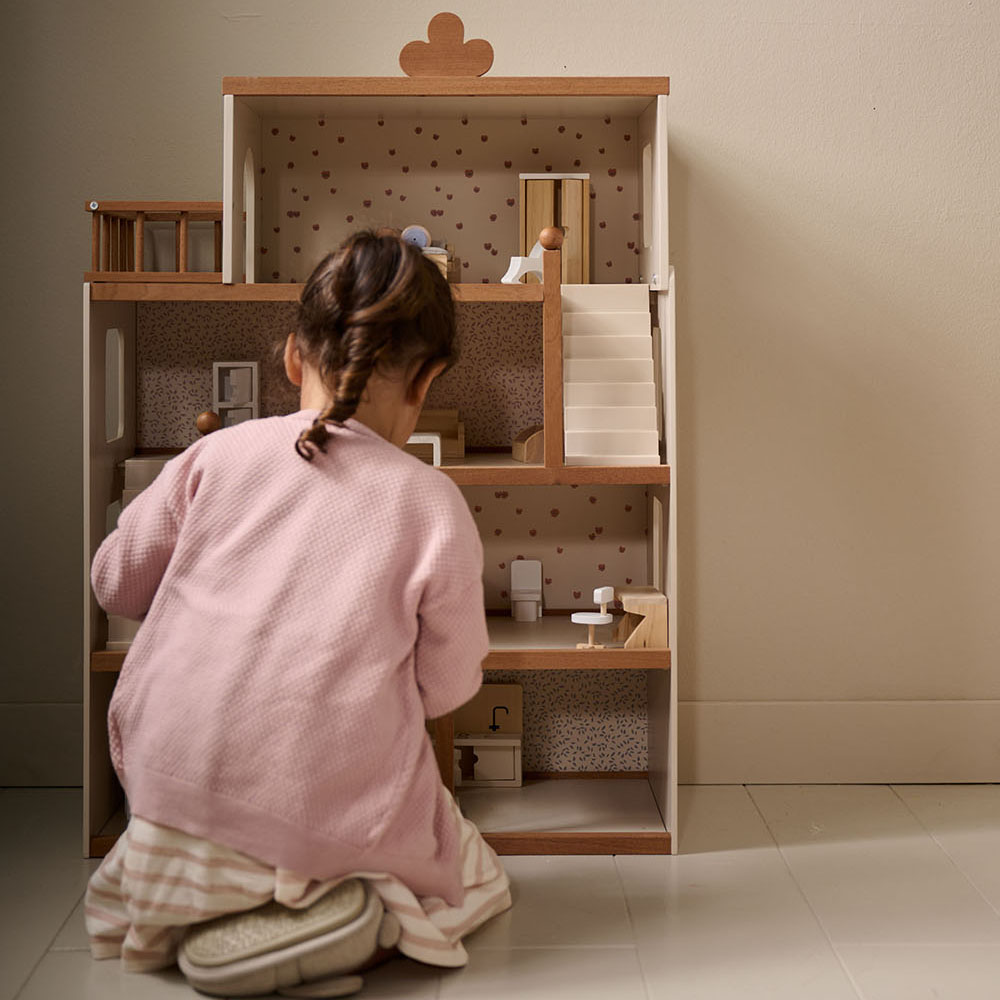 Grande maison de poupée en bois «Fleur» | incl. 19 meubles de poupée | 87 cm | Beige & Noyer