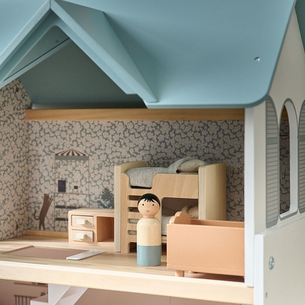 HOUTEN POPPENHUIS «CAMPAGNE» | INCL. 14-DELIGE MEUBELSET | 81 CM | WIT & PASTELBLAUW