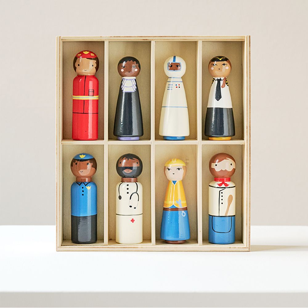 Holzpuppen Berufe 'Petits Héros' für realistische Berufsrollenspiele mit rollenspielideen kinder