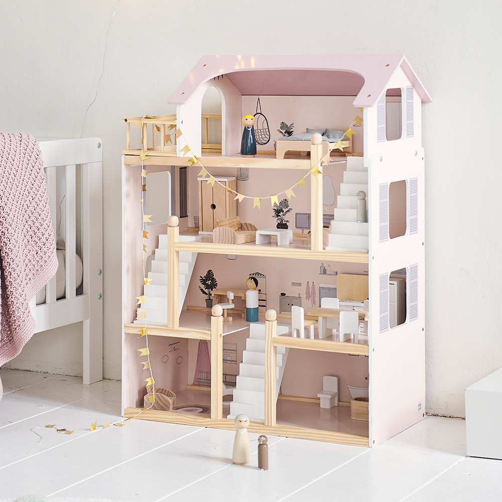 COSTWAY Houten Poppenhuis 3 Verdiepingen – Dubbelzijdig Dak & Deuren – Met Meubels – Voor Kinderen Vanaf 3 Jaar – 55x35x66 Cm