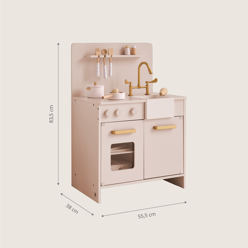 GOPLUS Kinderkeuken, kinderkeuken van hout met kraan, waterdispenser, fornuis, oven en schattige accessoires, rollenspelset, speelkeuken met opbergruimte en gordijnen voor kinderen vanaf 3 jaar