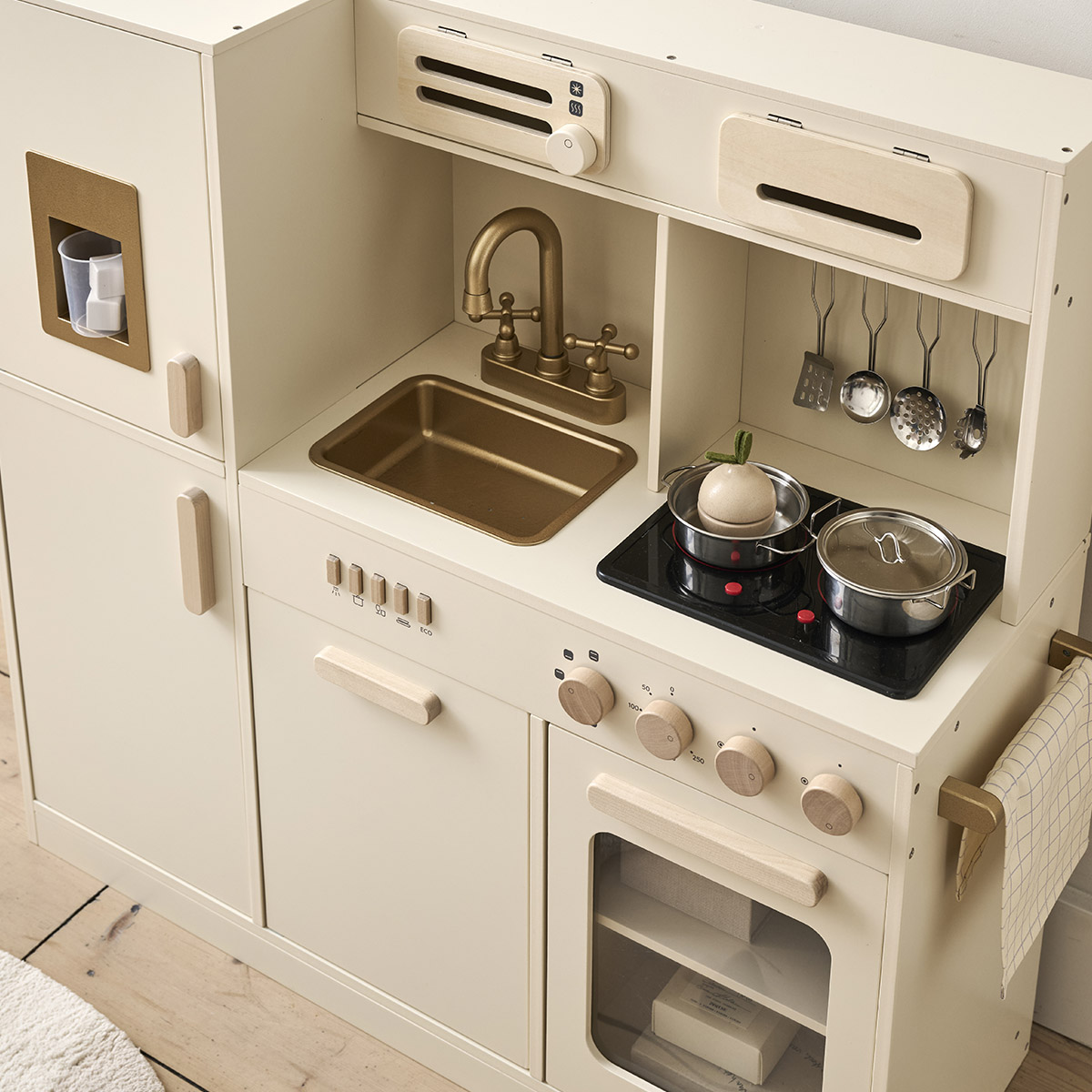 Houten speelkeuken XL «Noisette» | Met 9 accessoires | Beige