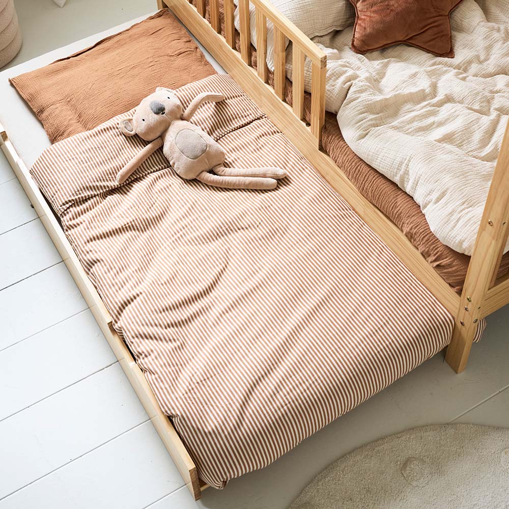 Natural wood trundle bed with wheels for under toddler house bed storage solution