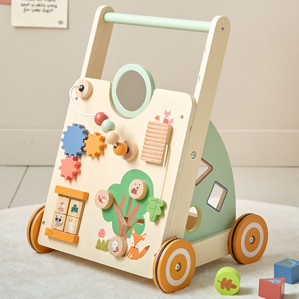 Wooden baby walker with activity board featuring mirror and motor skill activities